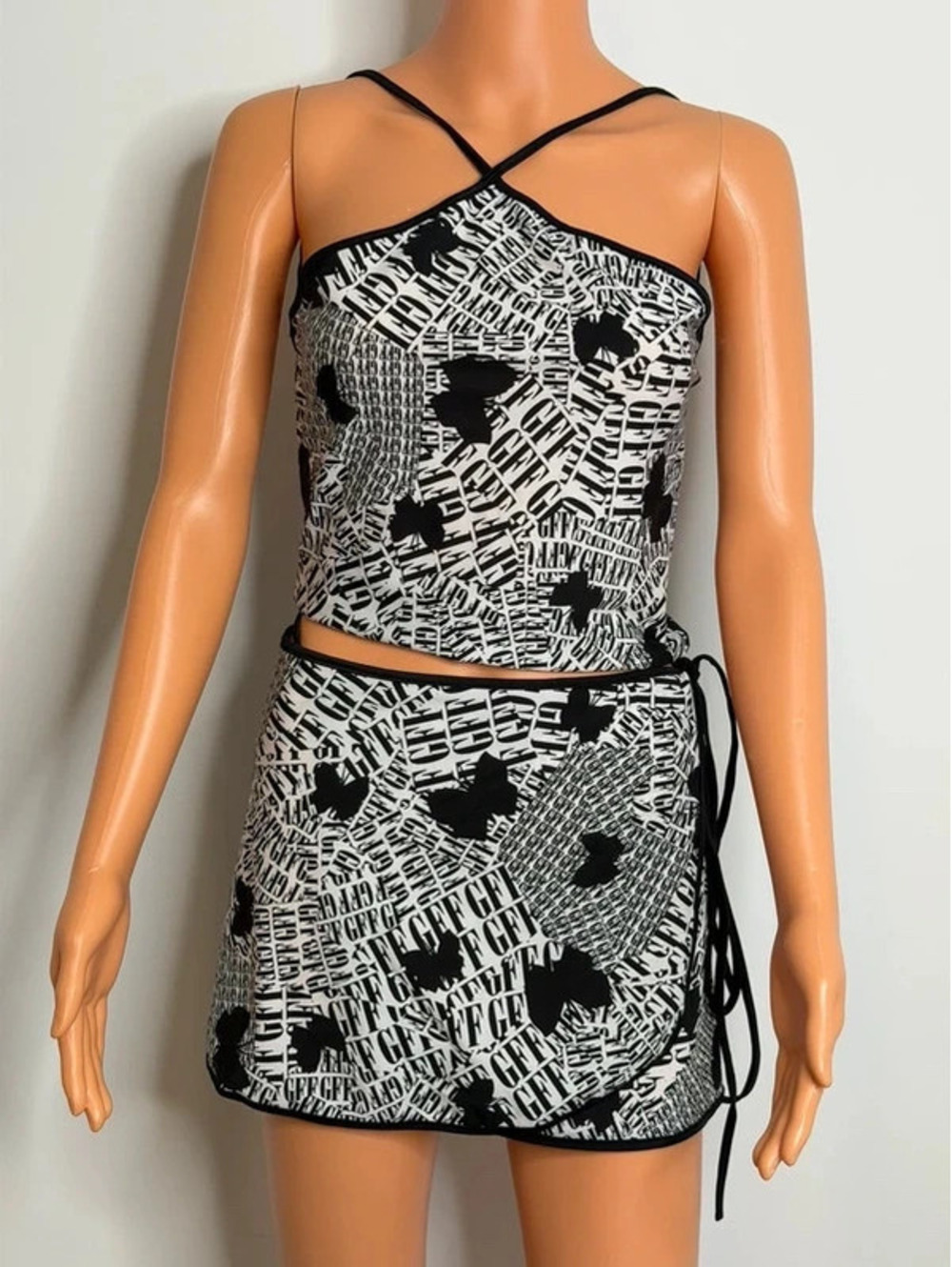Vintage GFF Gianfranco Ferré Y2K Butterfly Logo Print Halter Top Mini Skirt Set